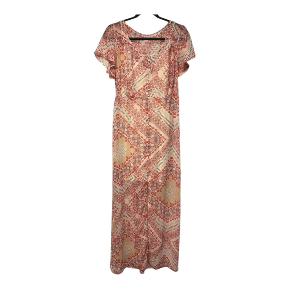 Express | Tapestry Print Short Sleeve Maxi Sheer Overlay Mini Dress - Picture 3 of 10